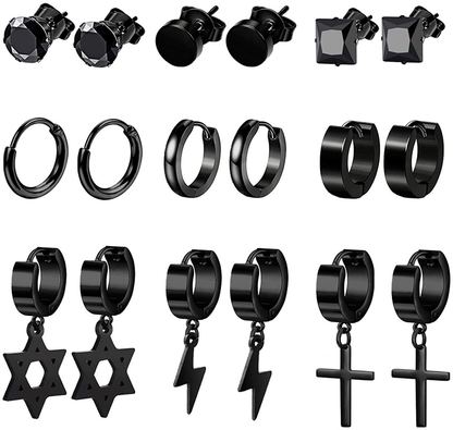  9 Pairs Stainless Steel Stud Huggie Hoop Earrings for Women Mens Black Cross Triangle Dangle Earrings Punk Style Goth Earrings Set
