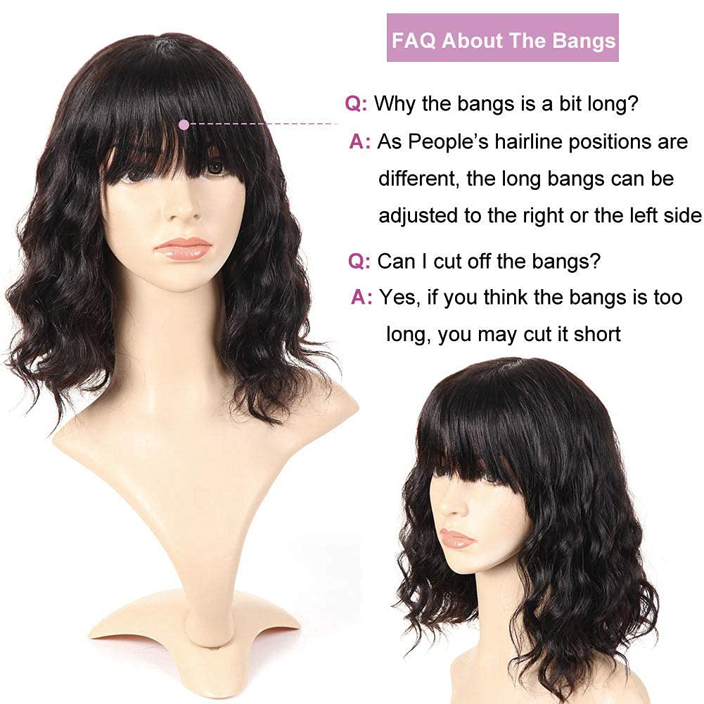 Short Bob Human Hair Body Wavy Wigs with Bangs 12 Inch
