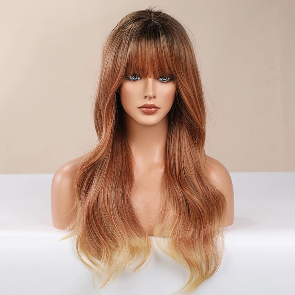 Long Wavy Ombre Strawberry Blonde Full Bang Wigs for Women