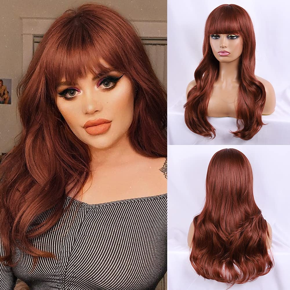  Long Wavy Dark Auburn Wigs for Women DragQueen Bang Wig 