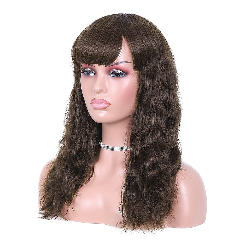 Short Bob Wavy Human Hair Wig with Bangs|Dark Brown-Black-Wine Red Wigs