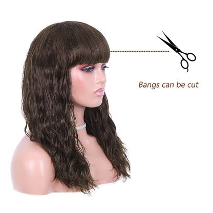 Short Bob Wavy Human Hair Wig with Bangs|Dark Brown-Black-Wine Red Wigs