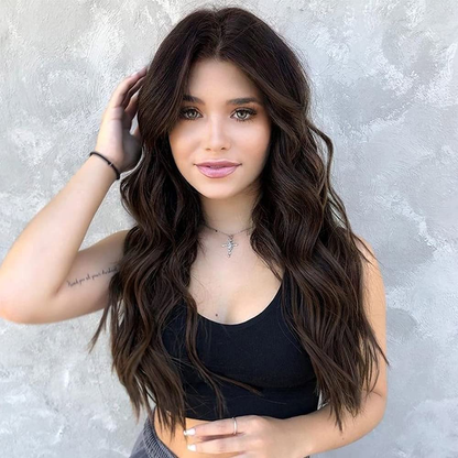  Dark Brown Long Wavy Middle  Brown Wigs for Women