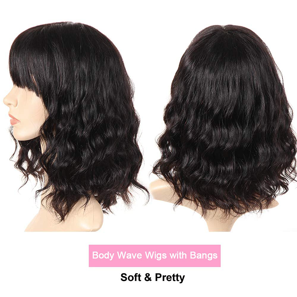Short Bob Human Hair Body Wavy Wigs with Bangs 12 Inch