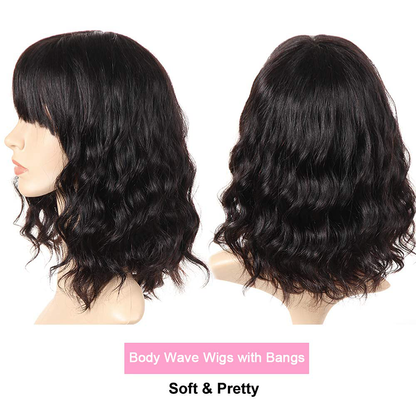 Short Bob Human Hair Body Wavy Wigs with Bangs 12 Inch