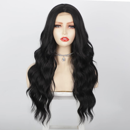 Lativ Long Black Wavy Wig for Women Middle Part Curly Synthetic Hair Natural Looking Heat Resistant Fiber for Daily Party Use