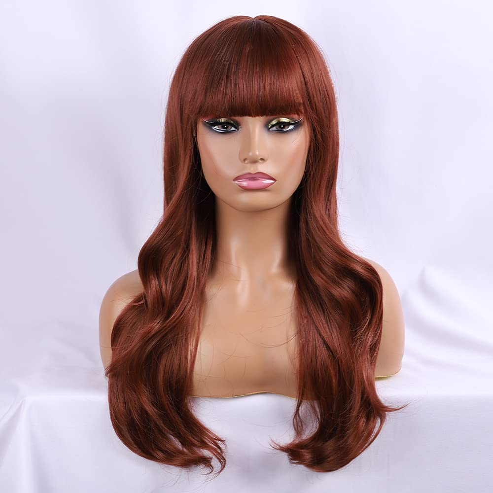  Long Wavy Dark Auburn Wigs for Women DragQueen Bang Wig 