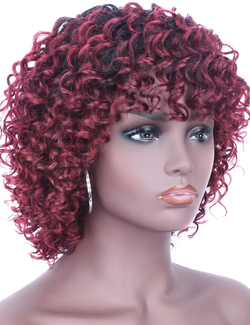 Short Black Brown Highlights Full Human Hair Wig with Hair Bangs