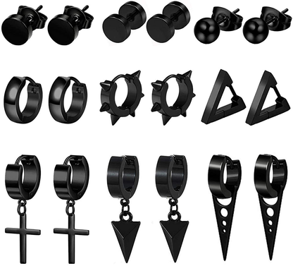  9 Pairs Stainless Steel Stud Huggie Hoop Earrings for Women Mens Black Cross Triangle Dangle Earrings Punk Style Goth Earrings Set