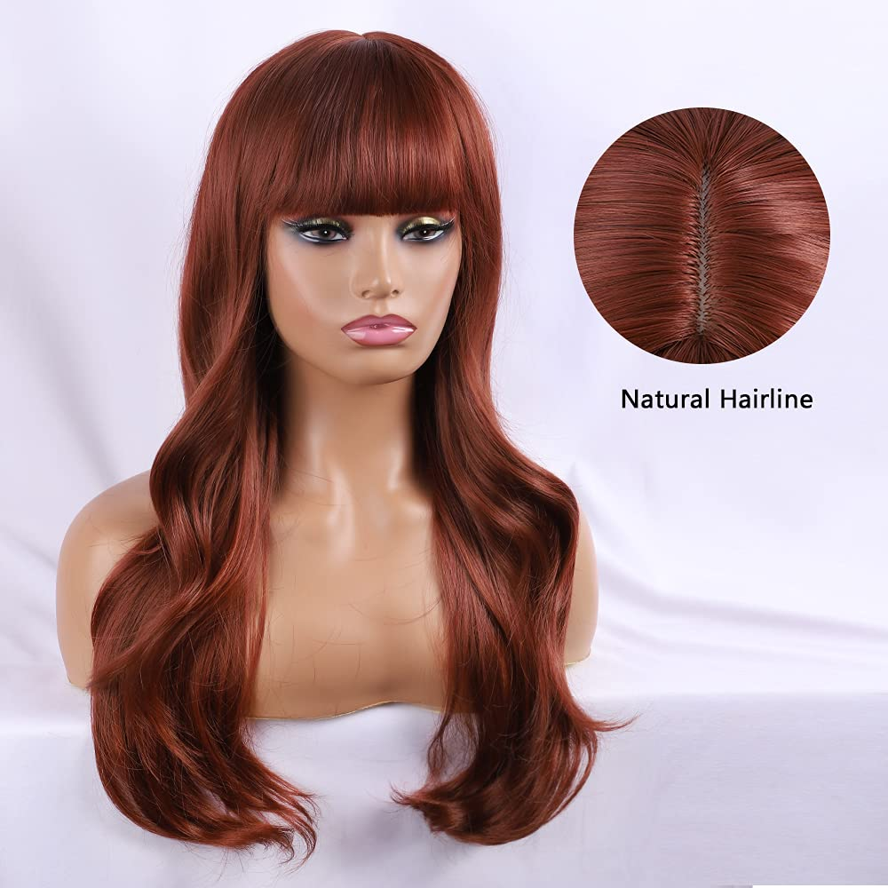  Long Wavy Dark Auburn Wigs for Women DragQueen Bang Wig 