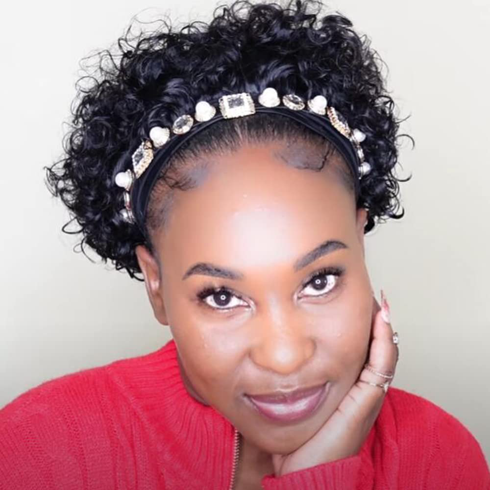 12Inch Short Bob Curly Brazilian Virgin Human Hair Headband Wig| Natural Black Color,Natural Black Color