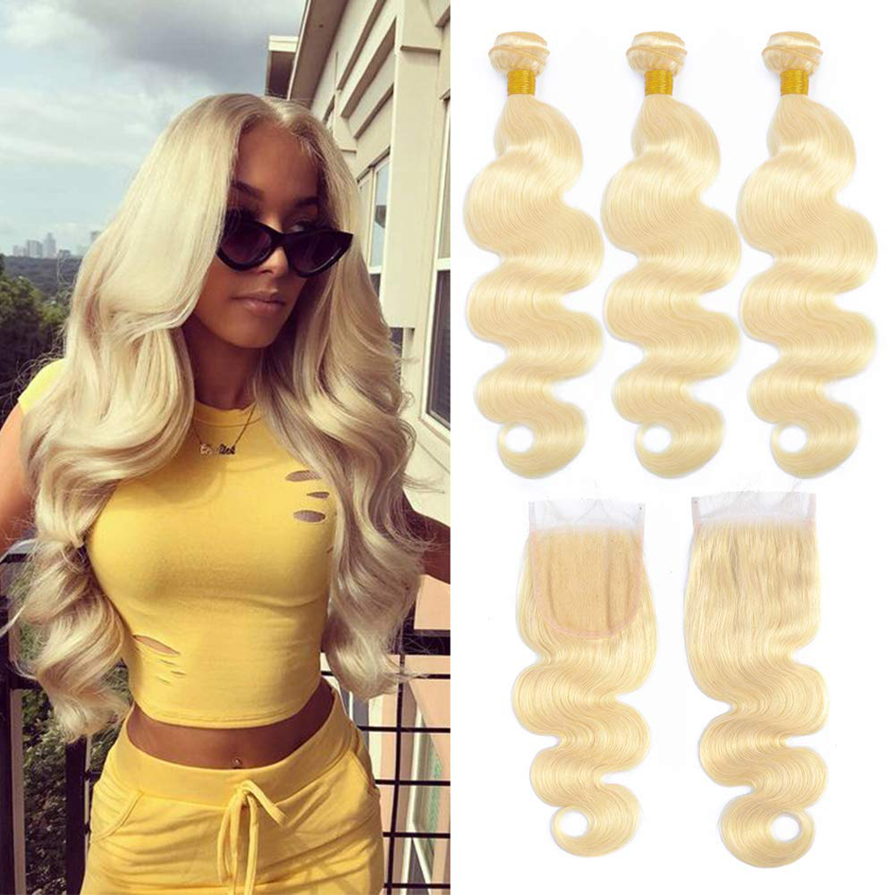 613 Human Hair Blonde Bundles with Closure|Hair Weave Extensions 