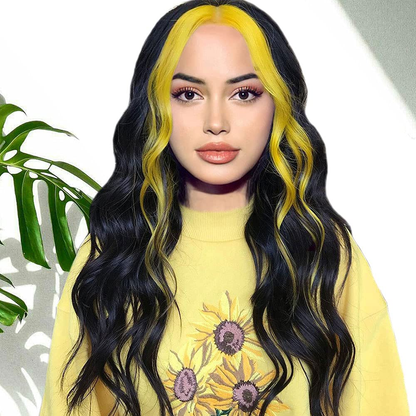 Long Wavy Highlight Black/Yellow Middle Part Wigs 
