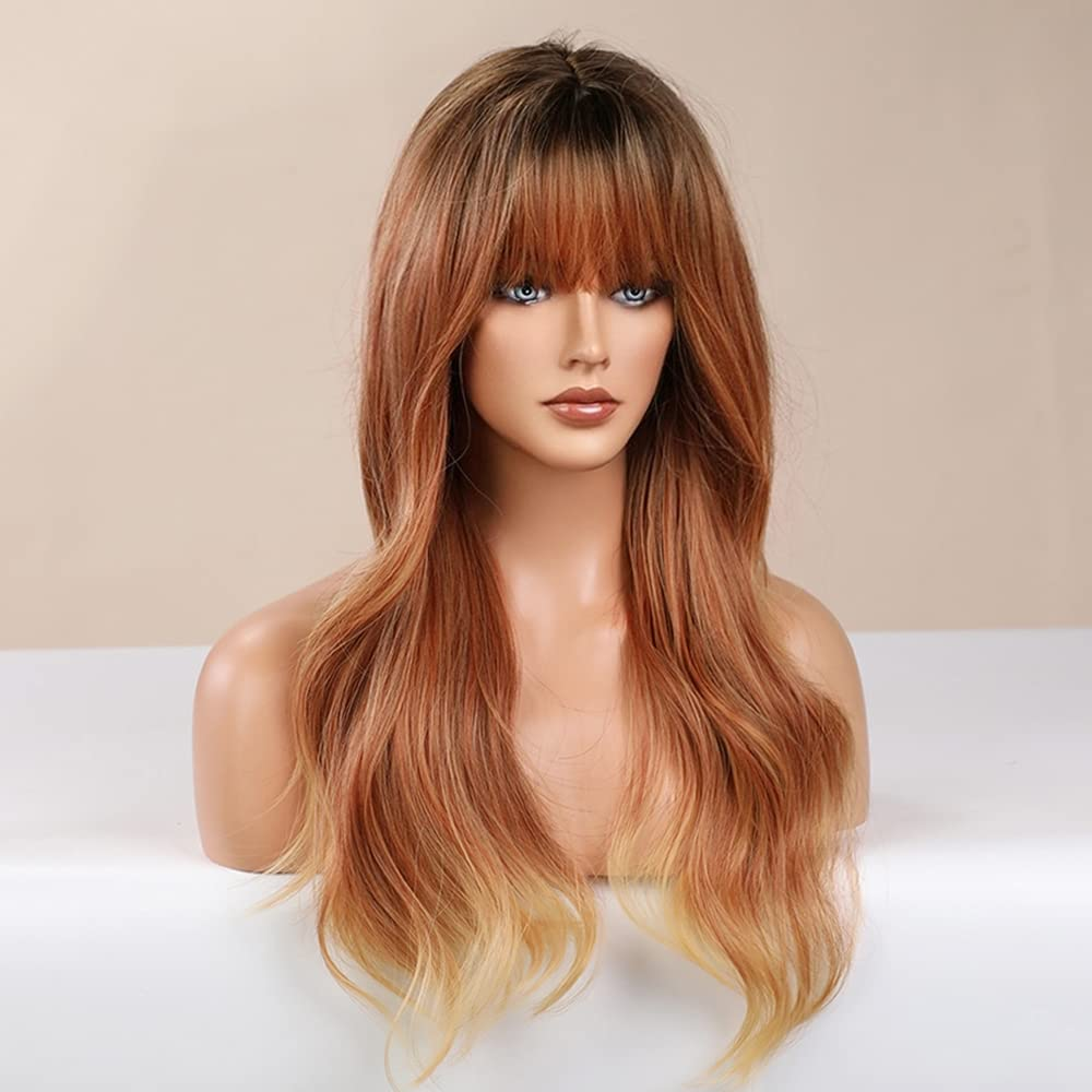 Long Wavy Ombre Strawberry Blonde Full Bang Wigs for Women