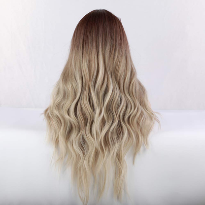  Ombre Brown Ash Blonde Long Curly Wavy Full Cap Wig 