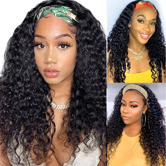 Short Curly Deep Wave Headband Brazilian Virgin Hair Wig | Natural Color|16 Inch Headband Wig 