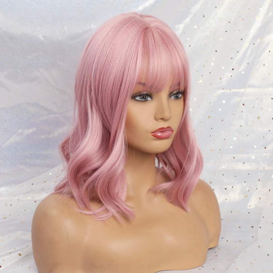 Short Pink Bob Wigs With Bangs 