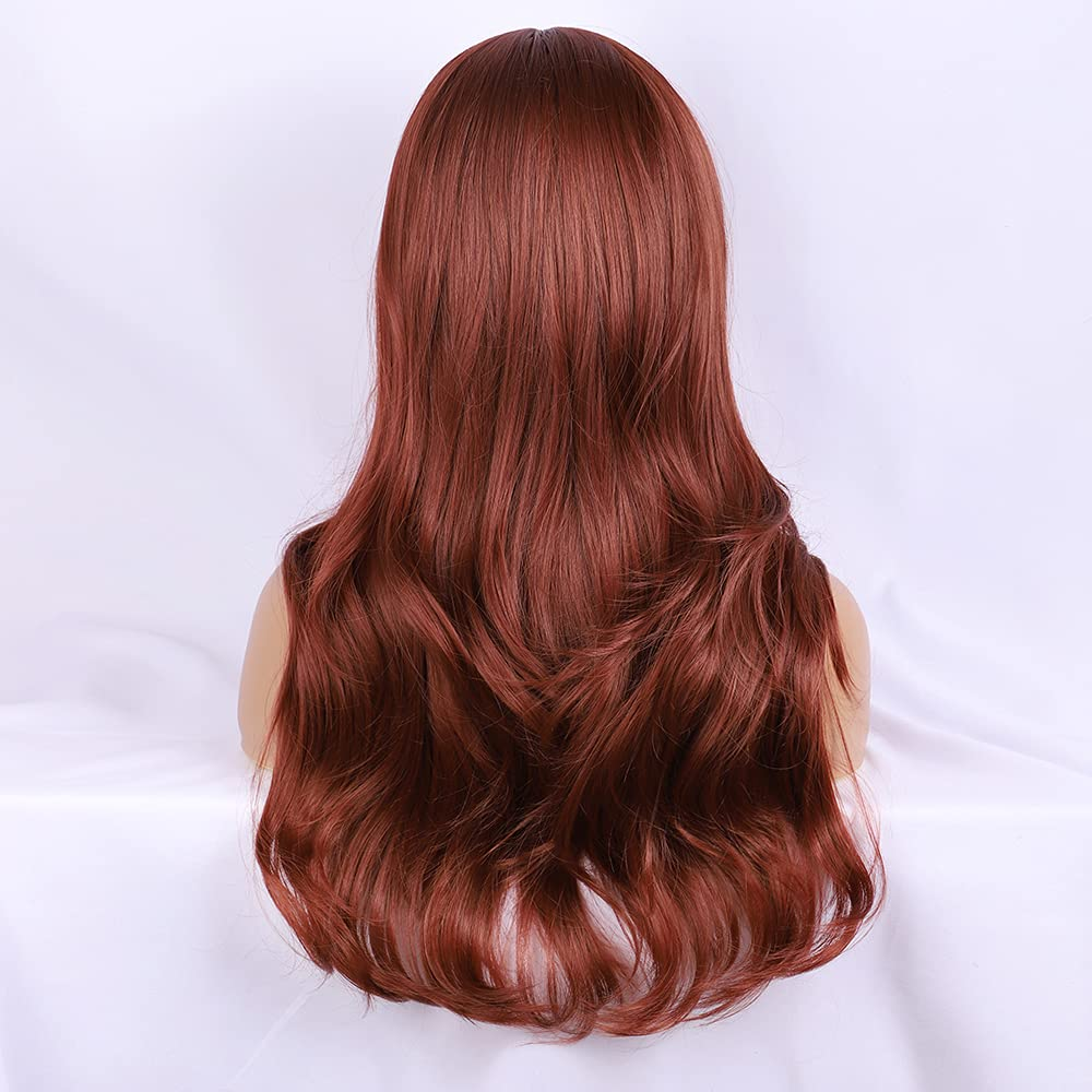  Long Wavy Dark Auburn Wigs for Women DragQueen Bang Wig 
