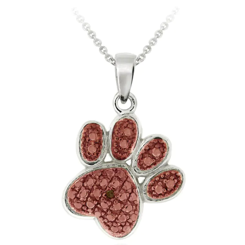  Black Diamond Accent Paw Print Silver Necklace