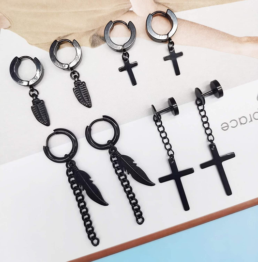 14 pairs Punk Black Hoop Dangle Stud Earrings
