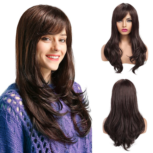 Dark Brown Long Wavy Human Hair Wig with Bangs 