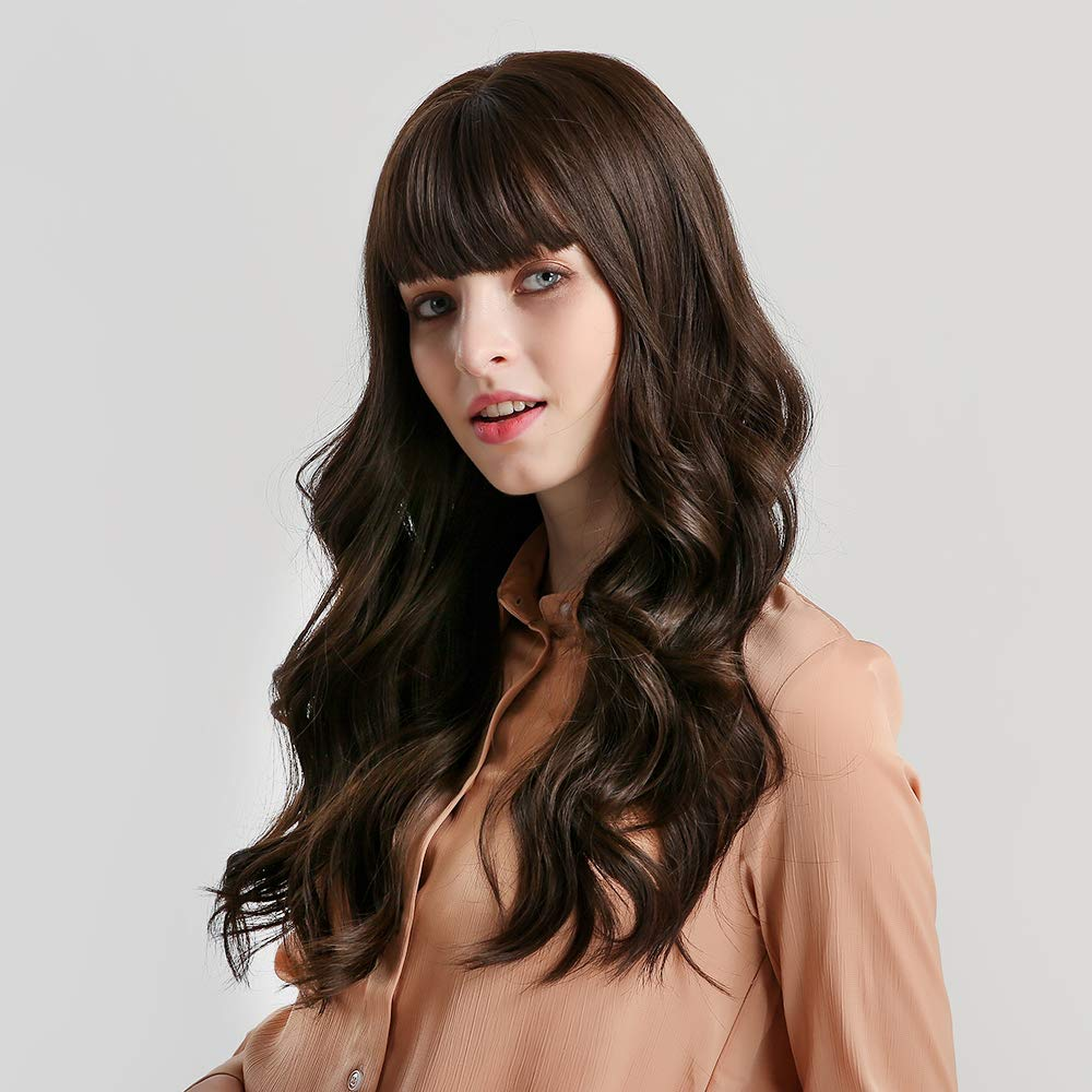 Long Natural Wavy Brunette Wigs With Bangs 