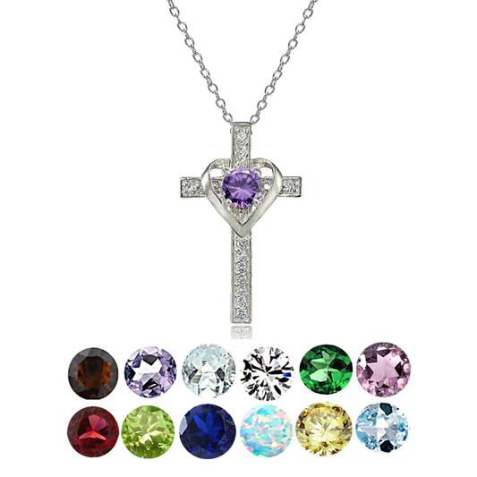 Glitzy Rocks Sterling Silver Gemstone Birthstone Heart in Cross Necklace