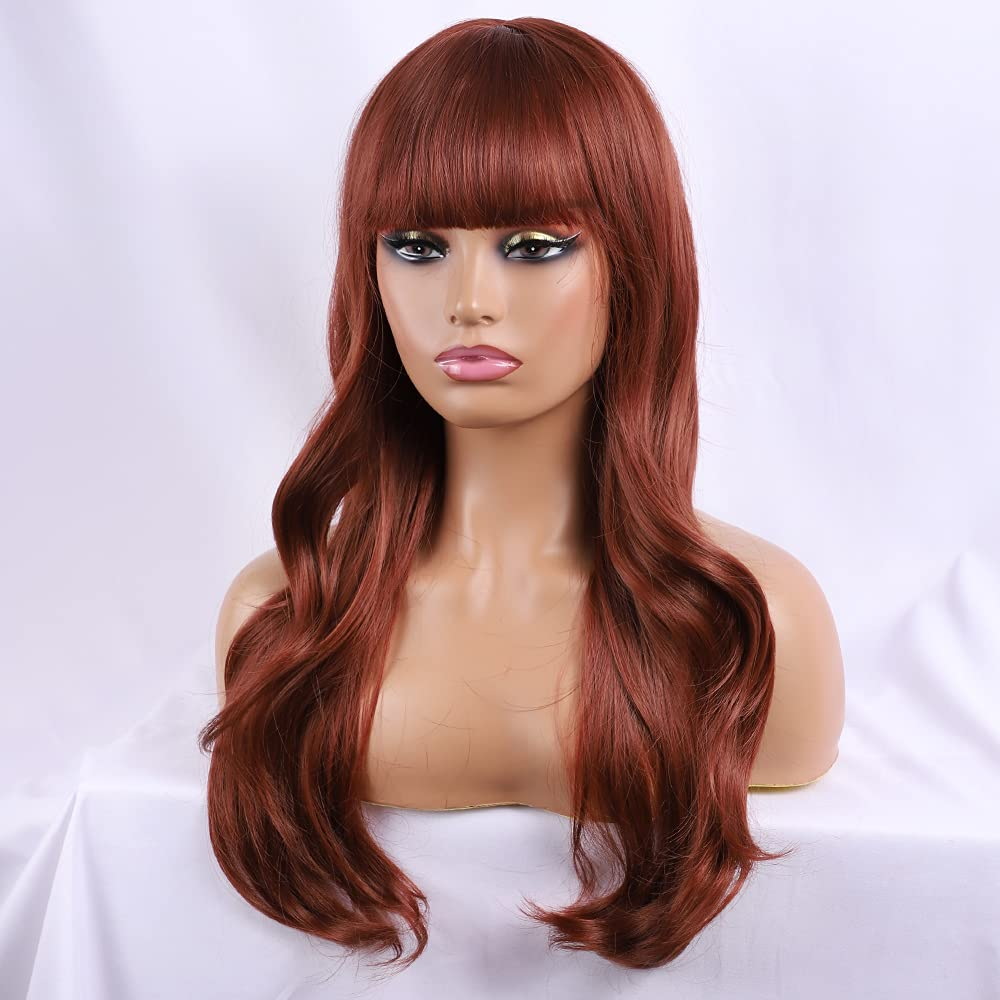  Long Wavy Dark Auburn Wigs for Women DragQueen Bang Wig 