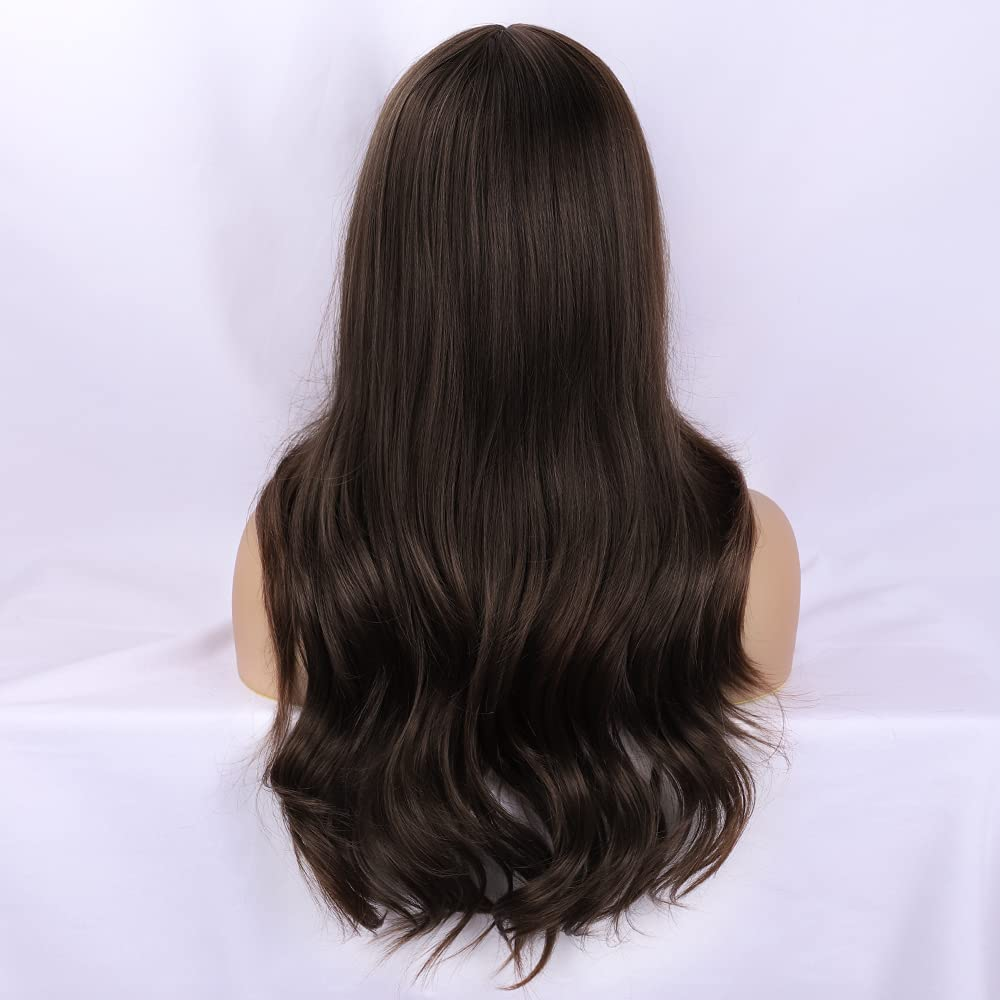 Dark Brown Long Wavy Wigs With Bang for Women 
