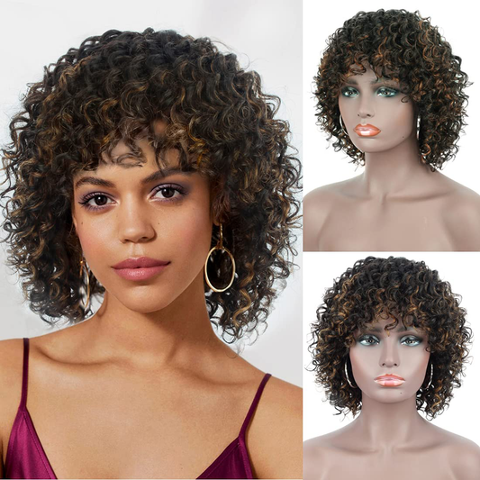 Short Black Brown Highlights Full Human Hair Wig with Hair Bangs