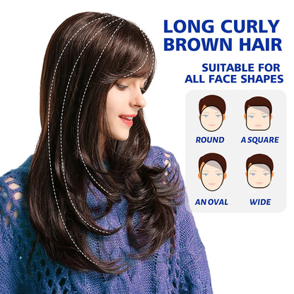 Dark Brown Long Wavy Human Hair Wig with Bangs 