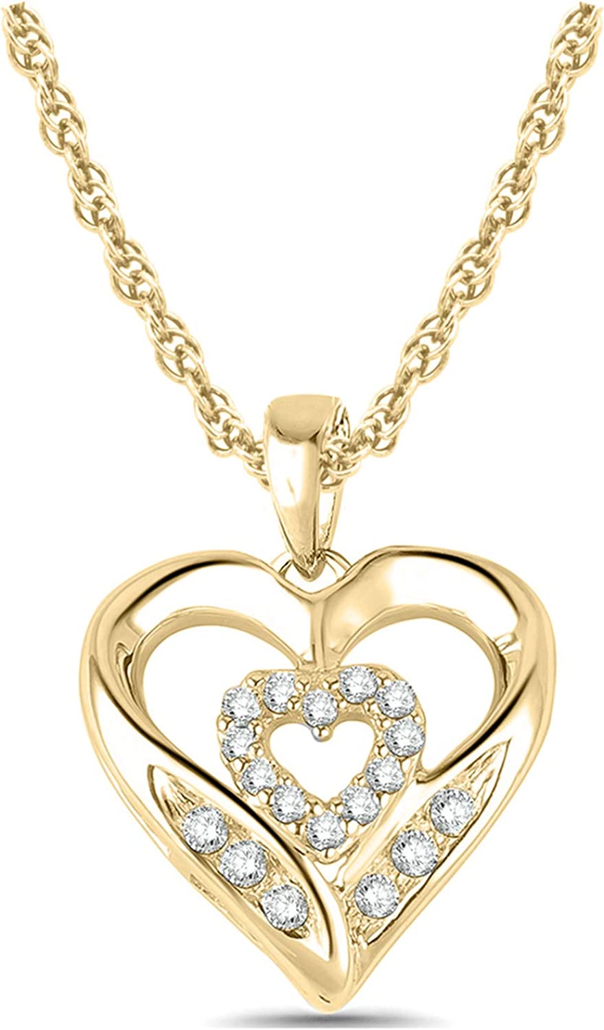 10K Yellow  Gold Diamond Heart Necklace For Women