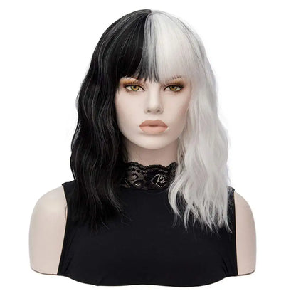 Split Dye Black White Cruella Devil Hair Wig with Bang