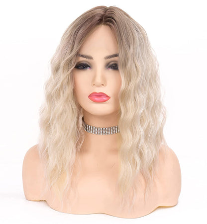 Platinum Blonde Short Curly Wig for Women, Ombre Brown Blonde Synthetic Hair Blonde Wig Short Wob Wig 12 inch 