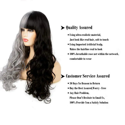 Half Black Half Gray Split Dye Wavy Hair Wig With Bangs