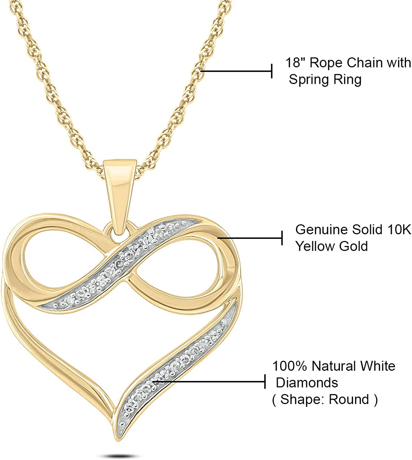 10Karat Yellow , Rose or White Gold Infinity Diamond Necklace For Women