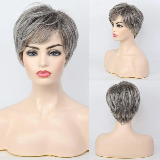 Short Gray Human Hair Blend Wigs