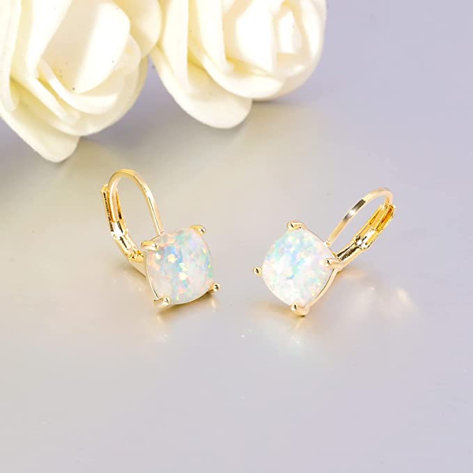 Square Opal Hoops Hanging Lever Earrings