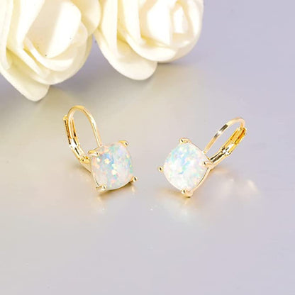 Square Opal Hoops Hanging Lever Earrings
