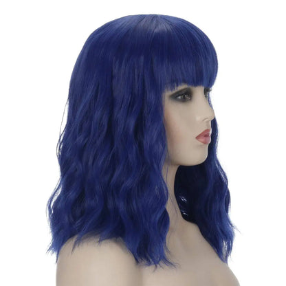 Dark Blue Short Bob Wavy Hair Wig with Bang