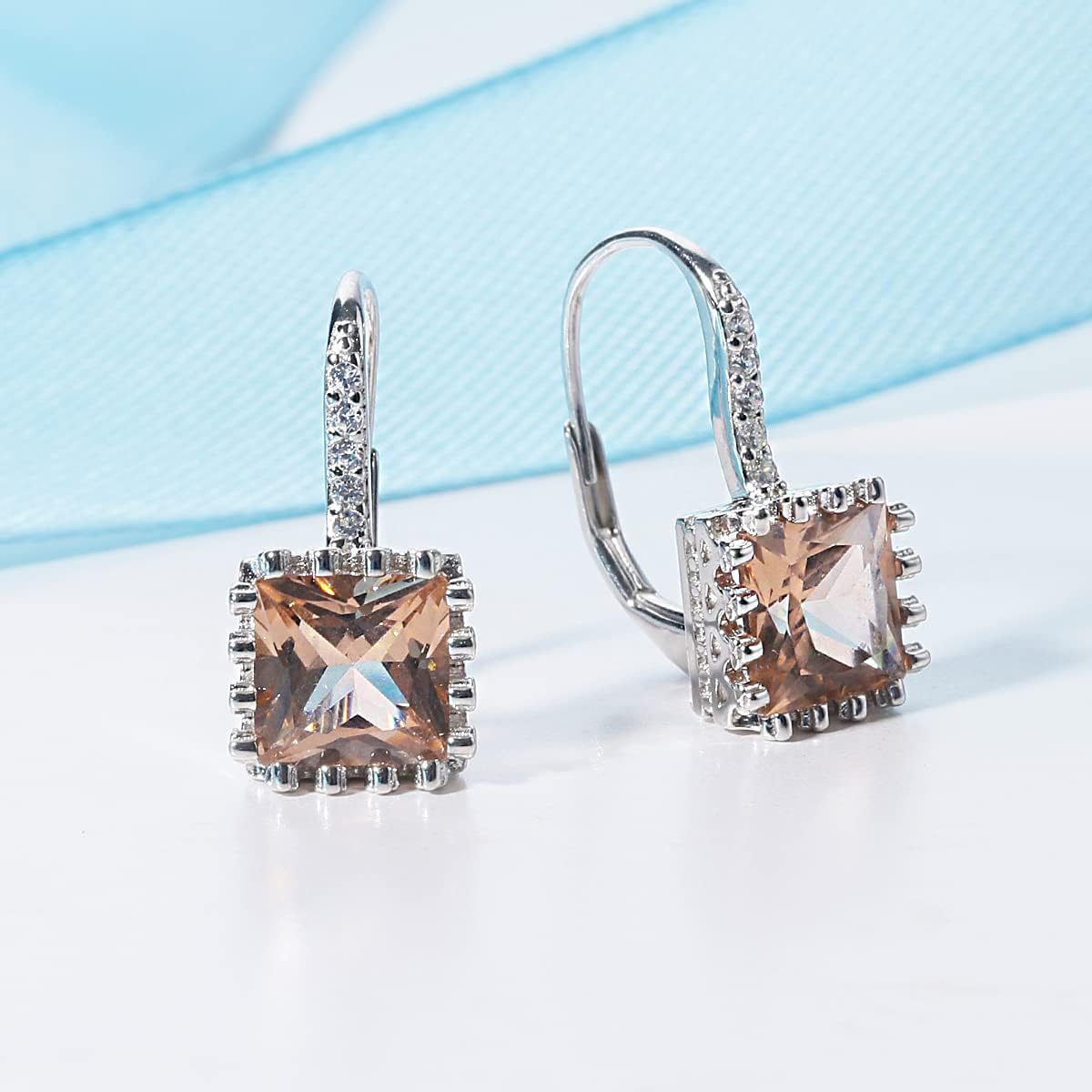 Morganite Princess Cut 925 Silver Earrings for Women