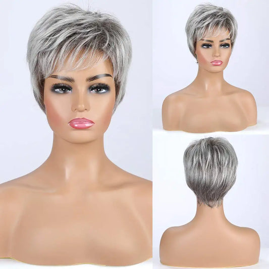 Short Pixie Cute Ombre Gray Human Hair Blend Wigs