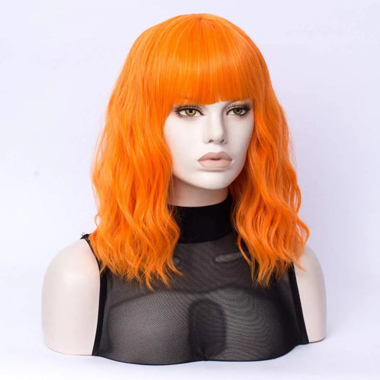 Orange Short Wavy Hair Wig with Bang
