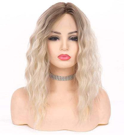 Platinum Blonde Short Curly Wig for Women, Ombre Brown Blonde Synthetic Hair Blonde Wig Short Wob Wig 12 inch 