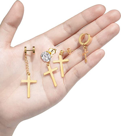 Gold Stainless Steel Cross Dangle Earrings