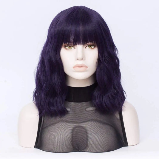 Short Bob Wavy Purple Hair Wig with Bang