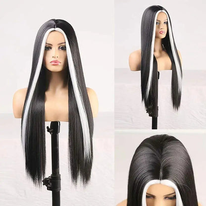 Black Hair White Streak Hair Wigs with Bangs
