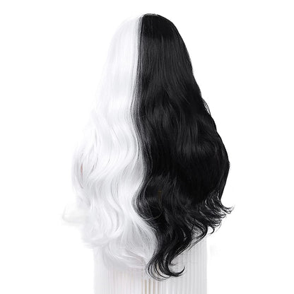 Half Black Half White Long Curly Wavy Wigs Synthetic Long wavy Wig Daily Party Cosplay Wigs