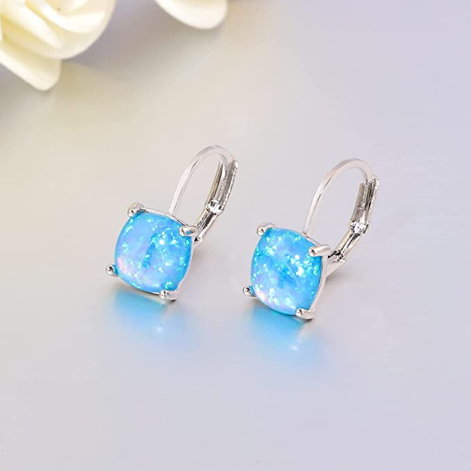 Square Opal Hoops Hanging Lever Earrings