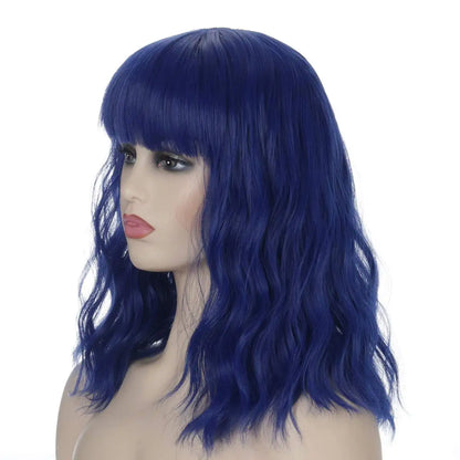 Dark Blue Short Bob Wavy Hair Wig with Bang